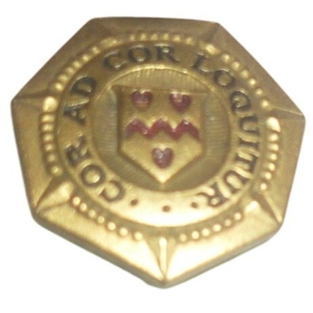 Cor Ad Cor Loquitur Gold Tone Crest Lapel Pin Heart to Heart Motto Vintage USA